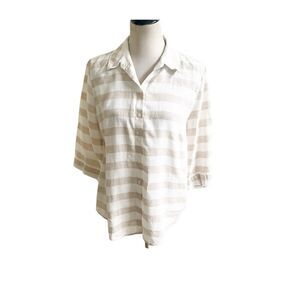 Chico’s Women’s Striped Linen Button Down Shirt Striped Tan Cream 3/4 Sleeve LP